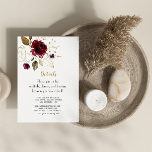 Whimsical Burgundy Gold Blume Hochzeitsdetails Begleitkarte