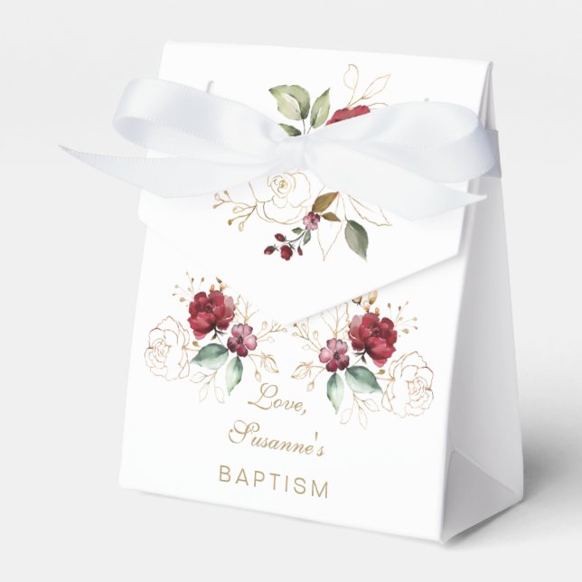 Whimsical Burgundy Gold Blume Monogramm Taufe Geschenkschachtel (Vorderseite)