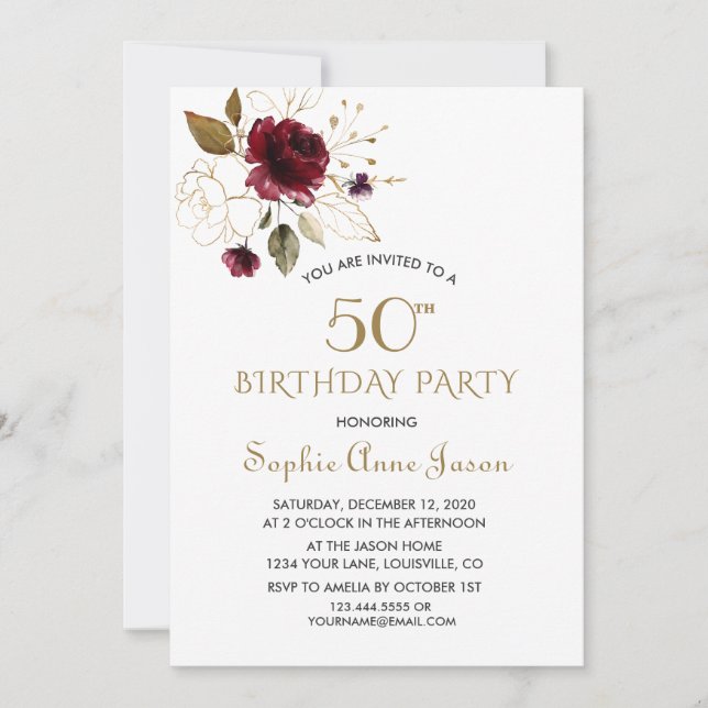 Whimsical Burgundy Gold Floral 50th Birthday Einladung (Vorderseite)