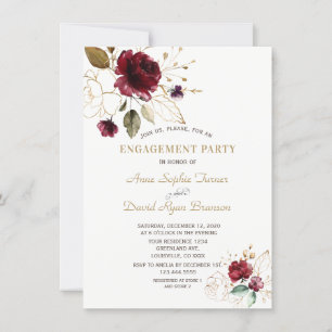Whimsical Burgundy Gold Floral Monogram Verlobung Einladung