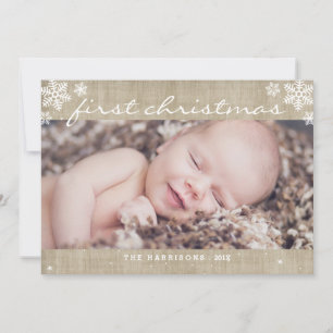 Whimsical Burlap Rustic First Christmas Foto Card Feiertagskarte