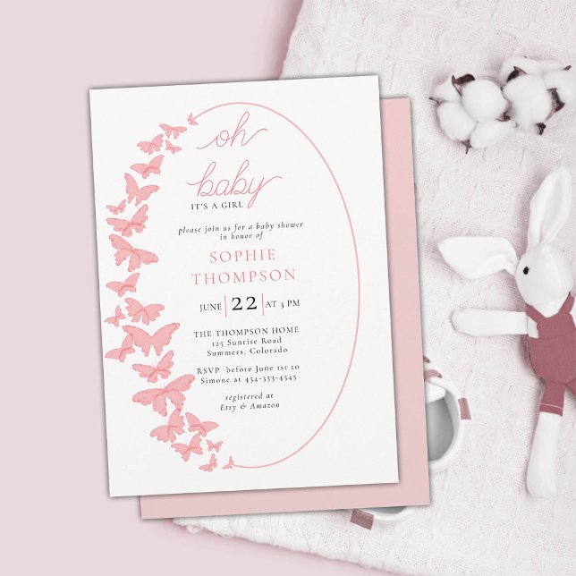 Whimsical Butterflies Boho Chic Girl Babydusche Einladung (butterfly baby girl shower invitation boho chic romantic coral pink whimsical elegant classy chic)