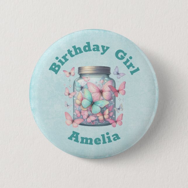 Whimsical Butterflies in a Jar Birthday Girl Button (Vorderseite)
