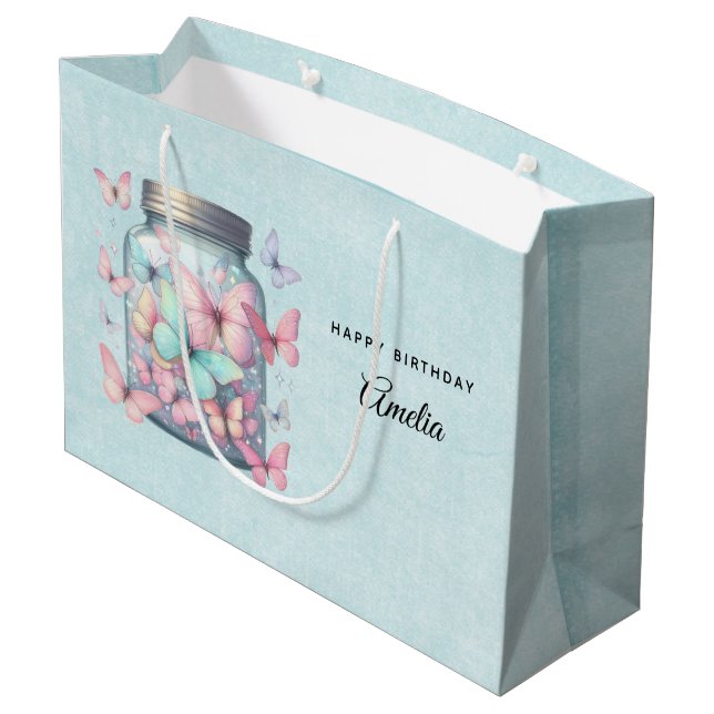 Whimsical Butterflies in a Jar Birthday Große Geschenktüte (Rückseite Schrägansicht)