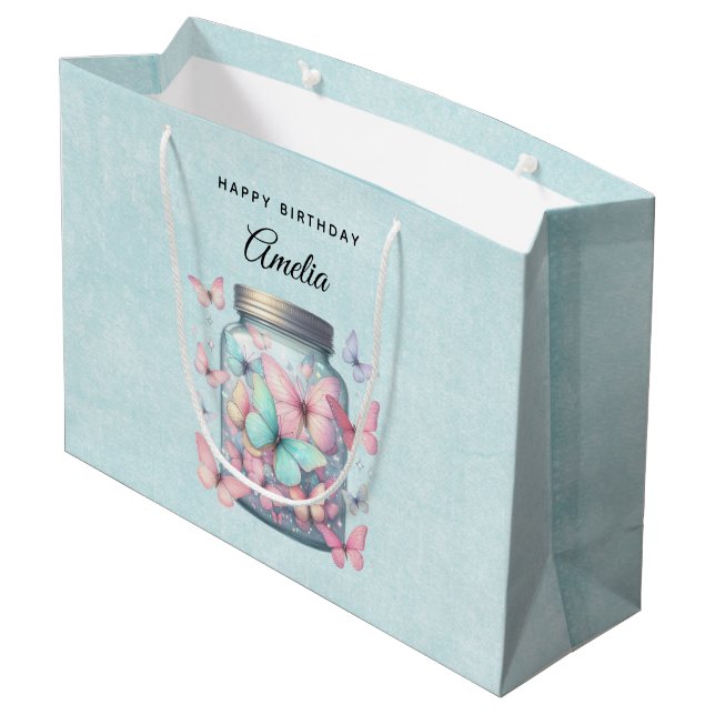 Whimsical Butterflies in a Jar Birthday Große Geschenktüte (Rückseite Schrägansicht)