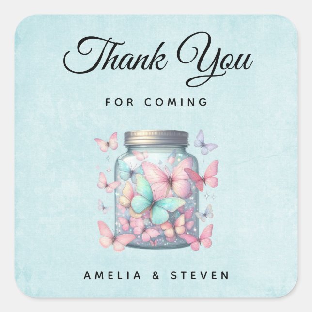 Whimsical Butterflies in a Jar Wedding Thank You Quadratischer Aufkleber (Vorderseite)