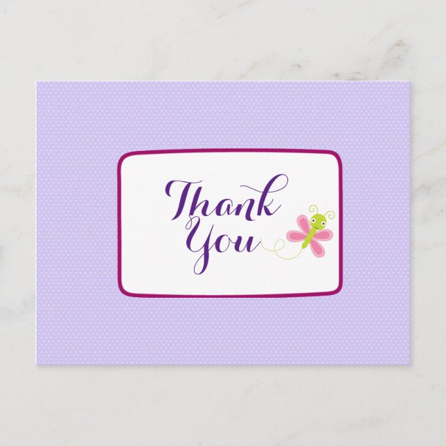 Whimsical Butterfly auf Lilac Polka Dots Danke Postkarte (Vorderseite)