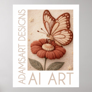 Whimsical Butterfly on Flower Vintage Felt Art Poster