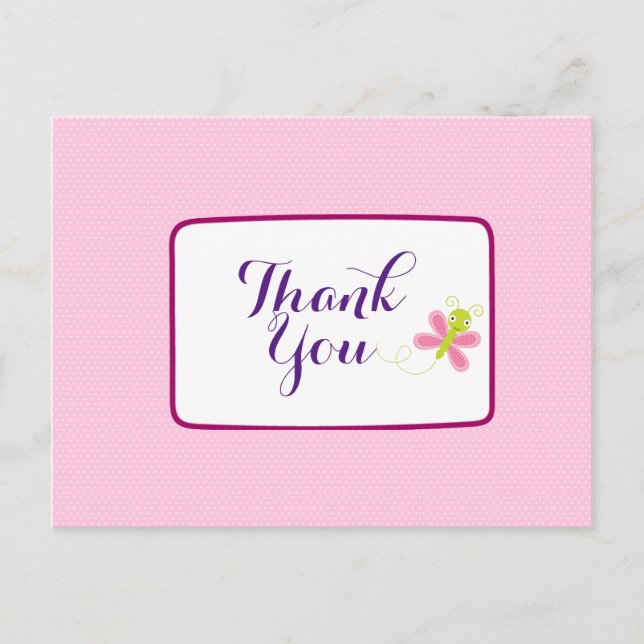 Whimsical Butterfly on Pink Polka Dots Danke Postkarte (Vorderseite)