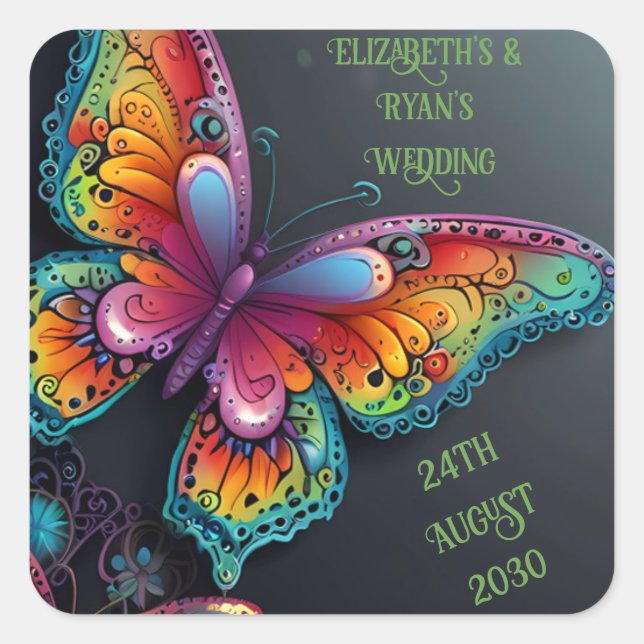 Whimsical Butterfly Romance Hochzeit Einladung Quadratischer Aufkleber (Vorderseite)