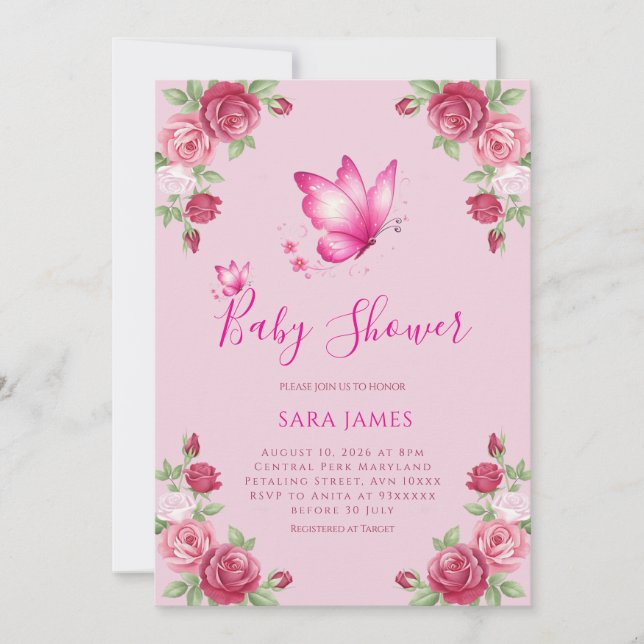 Whimsical Butterfly & Rose Baby Shower Invitation Einladung (Vorderseite)