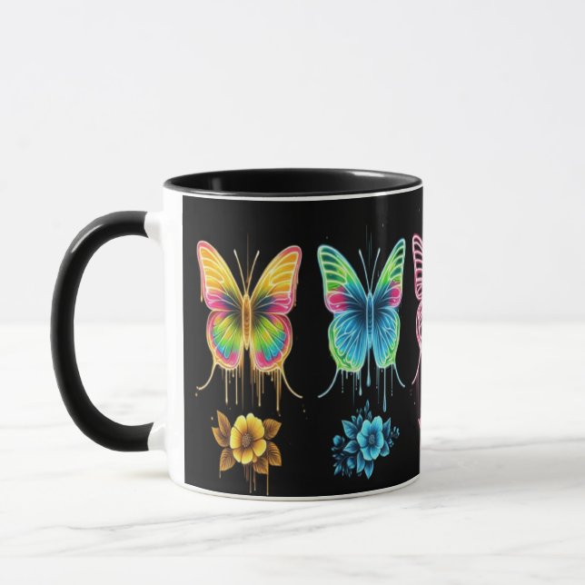 Whimsical Butterfly Symphony: Lebhafte Farben Tasse (Links)