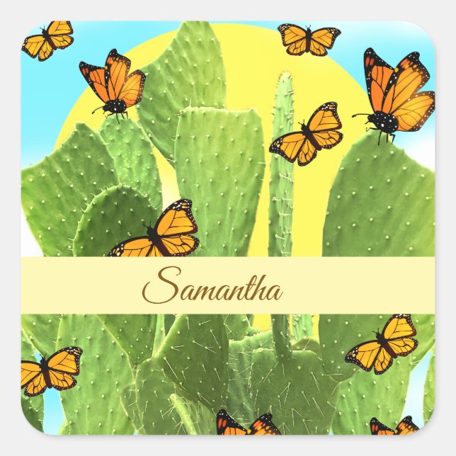 Whimsical Cactus And Butterflies Quadratischer Aufkleber (Vorderseite)