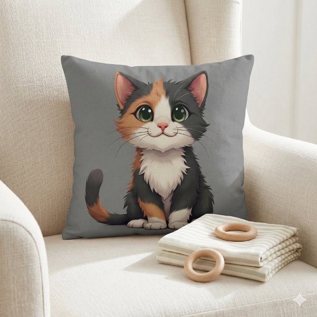 Whimsical Calico Kitten mit Cattitude Kissen (Whimsical Calico Kitten with Cattitude Throw Pillow Mockup A)