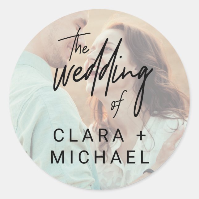 Whimsical Calligraphy Foto Wedding Umschlag Aufkle Runder Aufkleber (Vorderseite)