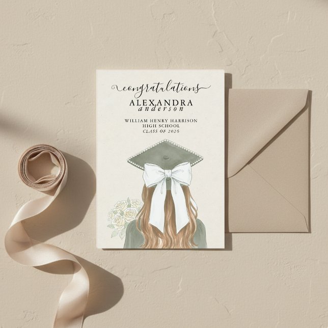 Whimsical Calligraphy Graduation Bow Photo Ankündigung (Whimsical Calligraphy Graduation Bow Photo Announcement)