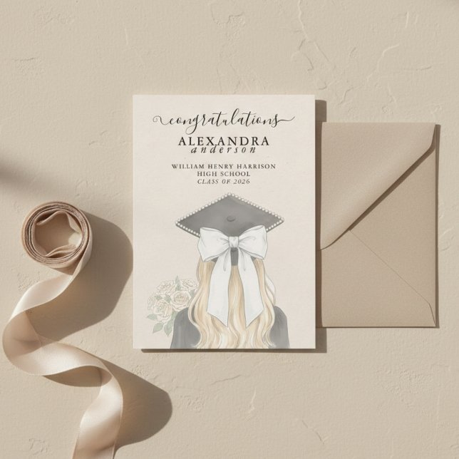 Whimsical Calligraphy Graduation Bow Photo Ankündigung (Whimsical Calligraphy Graduation Bow Photo Announcement)