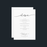 Whimsical Calligraphy Modern Wedding Dinner Menükarte<br><div class="desc">Wo Dreams Meet Elegance Erleben Sie Ihren besonderen Tag mit unserem bezaubernden Briefmarkensemble, sorgfältig gefertigt, um Ihre Hochzeit mit Launen und Gnade zu bereichern. Von delikaten Einladungen bis hin zu exquisiten Platzkarten ist diese Sammlung eine Symphonie von aufwändiger Kalligraphie und zeitlosem Design. Erstellen Sie eine Feier, die Ihnen einzigartig ist,...</div>