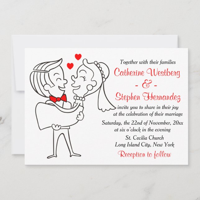 Whimsical Cartoon Braut & Groom Red, White Wedding Einladung (Vorderseite)