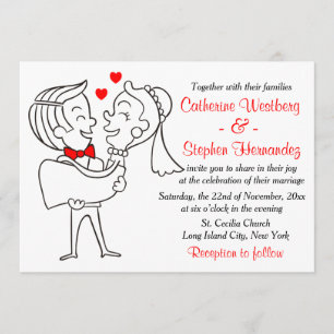Whimsical Cartoon Braut & Groom Red, White Wedding Einladung