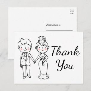 Whimsical Cartoon Bride Groom Wedding Vielen Dank Postkarte