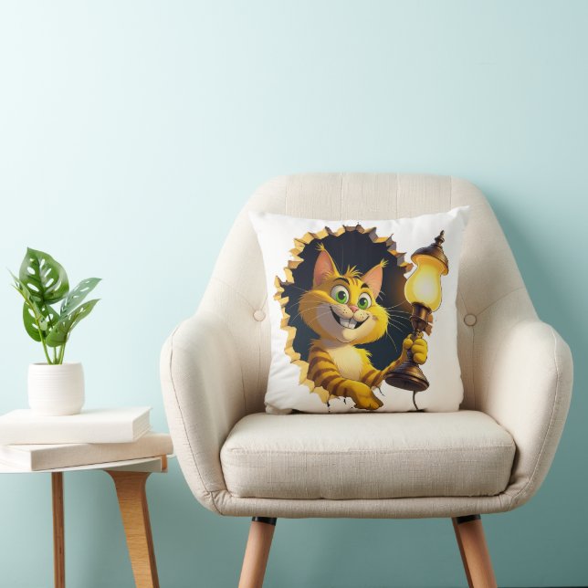 Whimsical Cartoon Cat Holen einer Lampe durch eine Kissen (Stuhl )