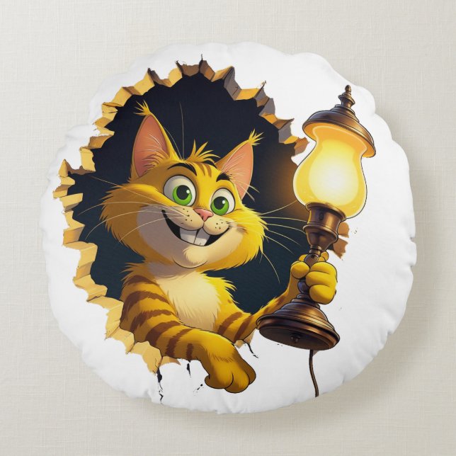 Whimsical Cartoon Cat Holen einer Lampe durch eine Rundes Kissen (Vorderseite)