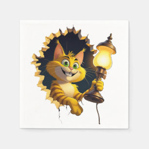 Whimsical Cartoon Cat Holen einer Lampe durch eine Serviette
