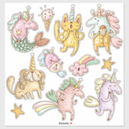 Whimsical Cartoon Doodle Unicorns Illustrationen Aufkleber