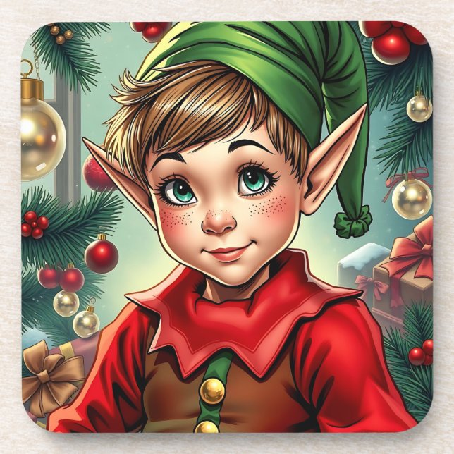 Whimsical Cartoon Elf | Christmas Getränkeuntersetzer (Vorderseite)