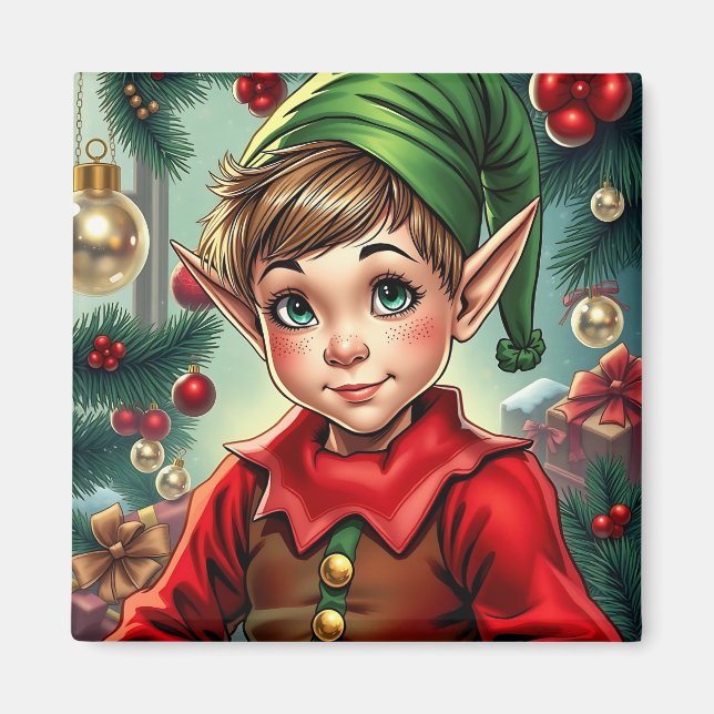 Whimsical Cartoon Elf | Christmas Magnet (Vorne)