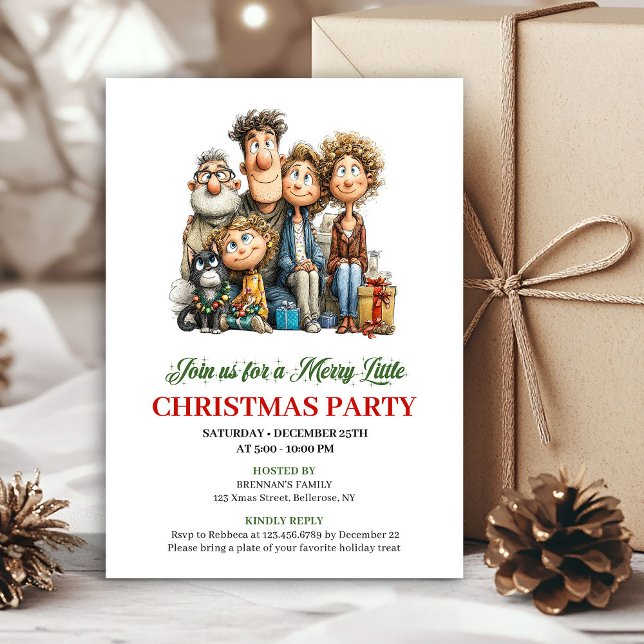 Whimsical Cartoon Family Red Green Holiday Invite Einladung (Whimsical Cartoon Family Red Green Holiday Invite)