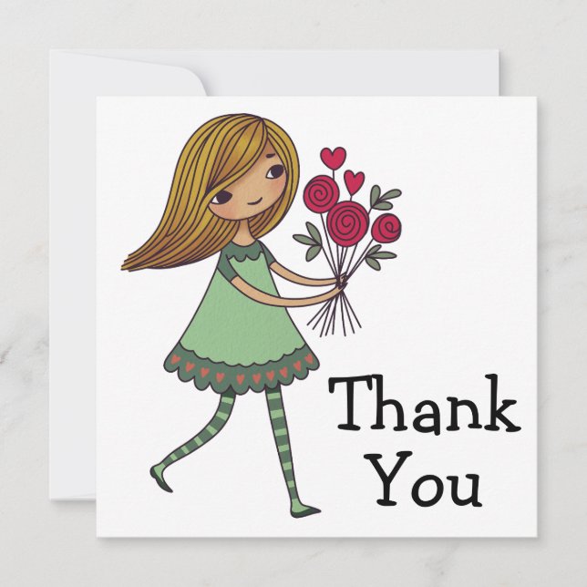 Whimsical Cartoon Girl mit einem Haufen Rose Dankeskarte (Vorderseite)