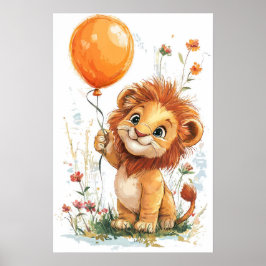 Whimsical Cartoon Lion Cub Holding Ballon Digital Poster