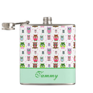 Whimsical Cartoon Owls Drink Flasche Flachmann