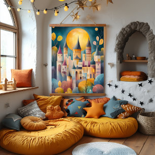 Whimsical Castle Village Arte e Cultura Wandteppich Mit Holzrahmen