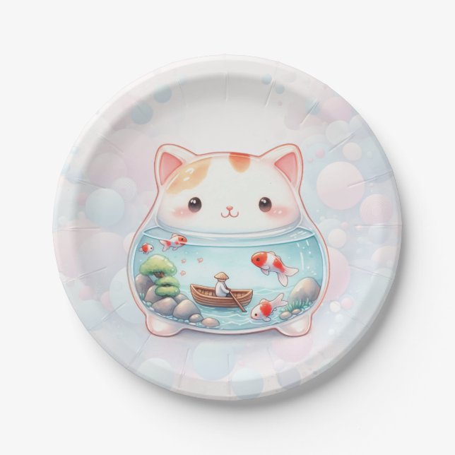 Whimsical Cat Adventure Birthday Paper Plate Pappteller (Vorderseite)