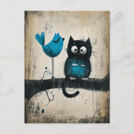 Whimsical Cat and Bird auf einer Zweigstelle Postkarte