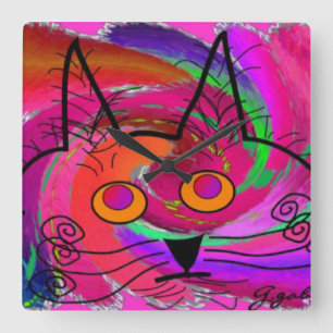 Whimsical Cat Art Clock Quadratische Wanduhr