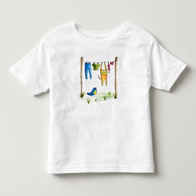 Whimsical Cat auf einer Wäscheleine Kleinkind T-shirt (Vorderseite)