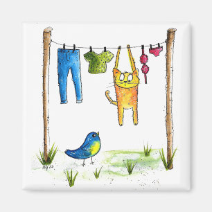 Whimsical Cat auf einer Wäscheleine Magnet