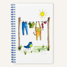 Whimsical Cat auf einer Wäscheleine Notizbuch