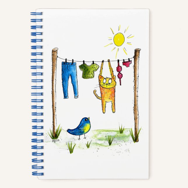 Whimsical Cat auf einer Wäscheleine Notizbuch (Vorderseite)