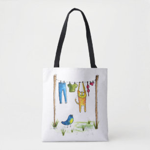 Whimsical Cat auf einer Wäscheleine Tasche