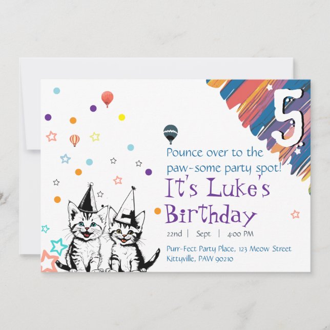 Whimsical Cat Birthday Einladung (Vorderseite)