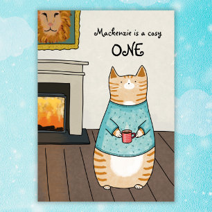 Whimsical Cat Cosy ONE Cat Winter 1. Geburtstag Einladung