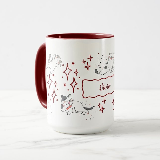 Whimsical Cat Custom Name Tasse (Vorderseite Links)