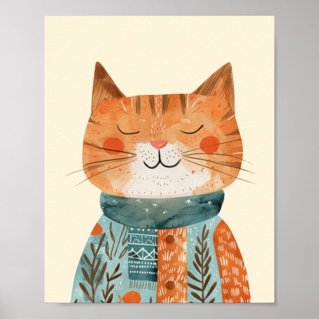 Whimsical Cat Illustration Watercolor Kinderzimmer Poster (Vorne)