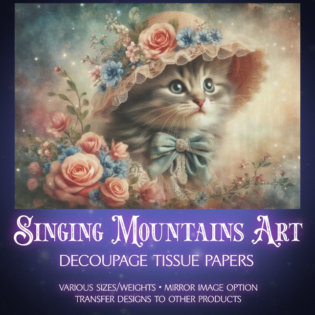 Whimsical Cat In Floral Hat Decoupage  Seidenpapier (Von Creator hochgeladen)