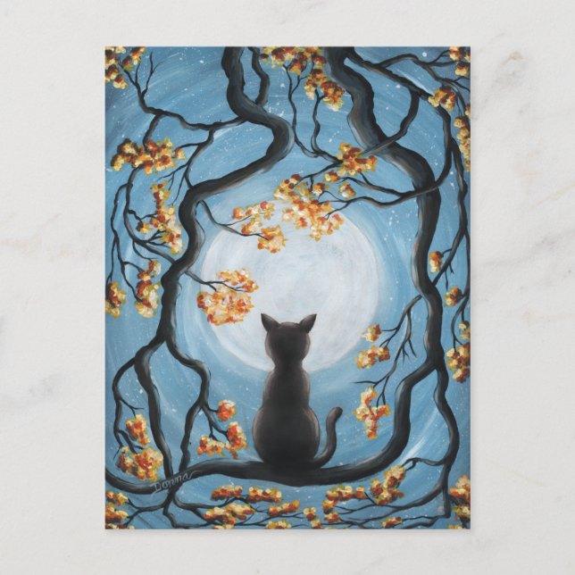 Whimsical Cat in Tree Full Moon Malerei Postkarte (Vorderseite)